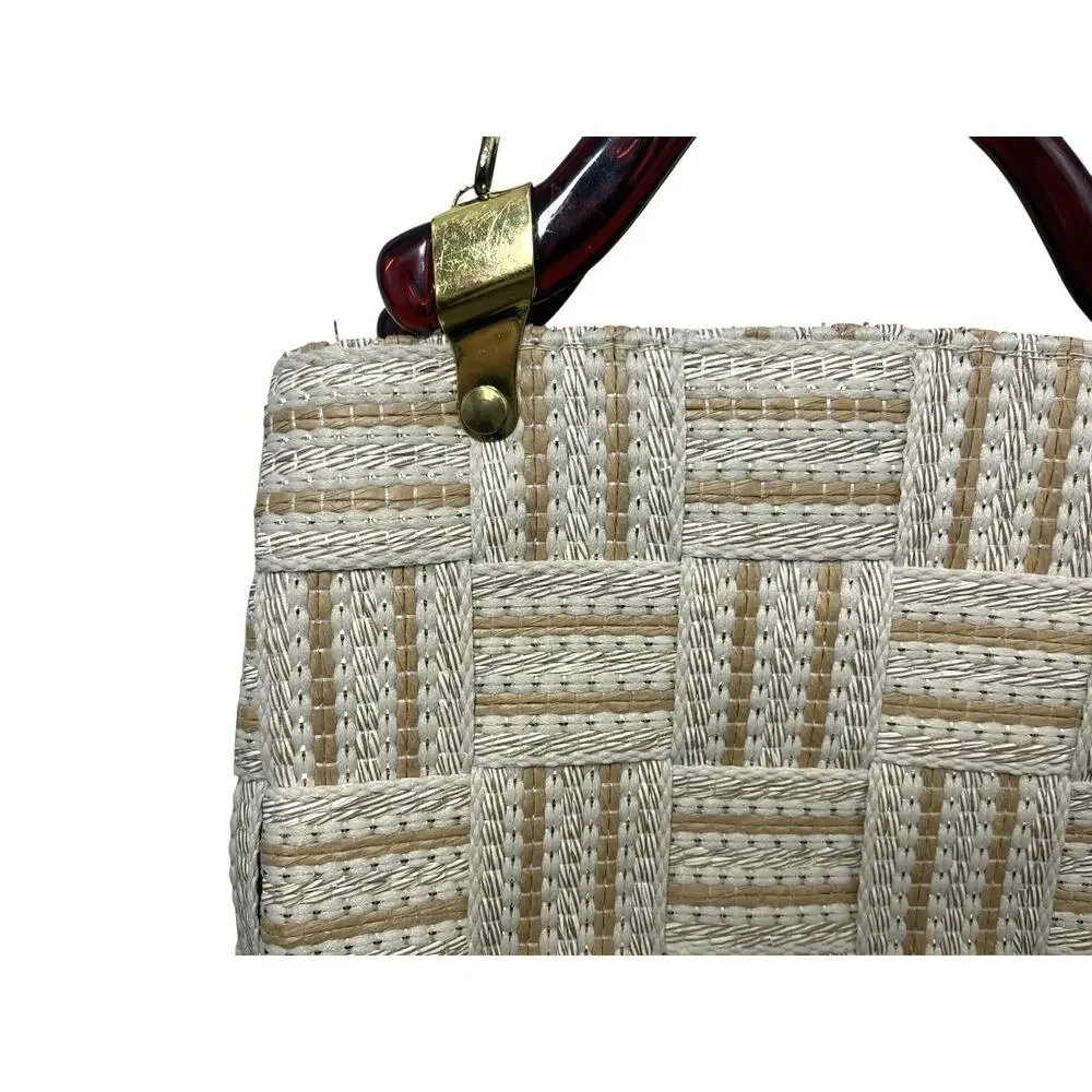 Vtg Handbag Purse Woven Purse Lucite Handles Made In Italy NWT Bohemian Neutral